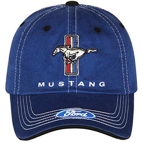 Ford Mustang Herren Mütze, Tri-Bar, Pony, verstellbar, Cap Blau, Baseball-Kappe von Checkered Flag Sports