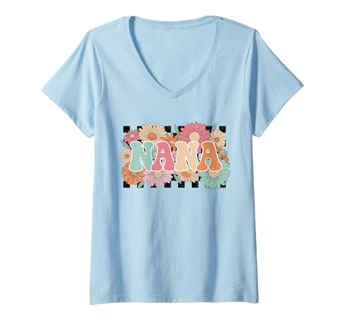 Damen Kariertes NANA Shirt Pastell Blumen Süße Oma Grafik T-Shirt mit V-Ausschnitt Damen Kariertes NANA Shirt Pastell Blumen Süße Oma Grafik T-Shirt mit V-Ausschnitt von Checkered Flower NANA Tee Shirts for Grandmas