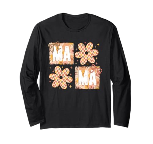 Kariertes Mama Shirt Groovy Flower Blocks Retro Graphic Langarmshirt von Checkered Mama Tee Shirts for Mothers Women