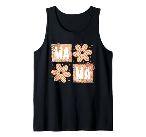Kariertes Mama Shirt Groovy Flower Blocks Retro Graphic Tank Top von Checkered Mama Tee Shirts for Mothers Women