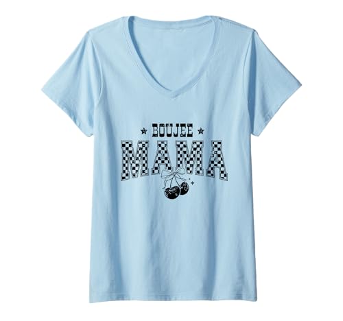 Damen Retro Mama Kariert Kirsche T-Shirt mit V-Ausschnitt Damen Retro Mama Kariert Kirsche T-Shirt mit V-Ausschnitt von Checkered Retro Boujee Mama Cherry Bow Design