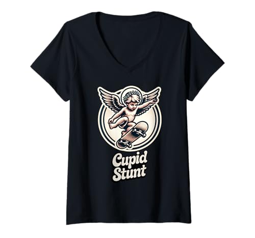 Damen Cupid Stunt Lustiges Valentine Retro Skateboard Wortspiel T-Shirt mit V-Ausschnitt Damen Cupid Stunt Lustiges Valentine Retro Skateboard Wortspiel T-Shirt mit V-Ausschnitt von Cheeky Cherub Cupid Funny Valentine Humour Puns