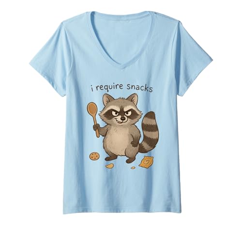 Damen I Require Snacks Waschbär Lustiges Tier T-Shirt mit V-Ausschnitt von Cheeky Critter Snack Lovers