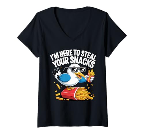 Damen Ich bin hier, um deine Snacks zu stehlen T-Shirt mit V-Ausschnitt von Cheeky Seagull Snack Humor