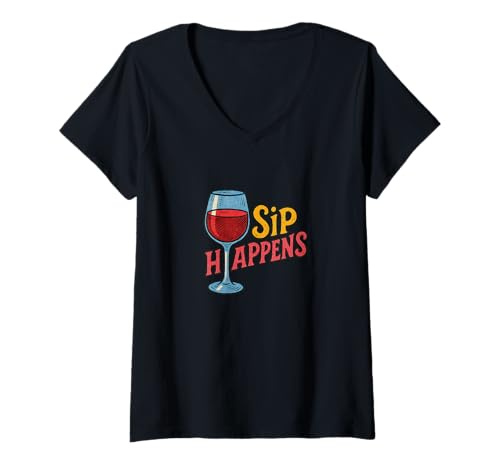 Damen Sip Happens Weintrinker, lustiges Design für Alkoholliebhaber T-Shirt mit V-Ausschnitt Damen Sip Happens Weintrinker, lustiges Design für Alkoholliebhaber T-Shirt mit V-Ausschnitt von Cheeky Vino Humor Style Emporium