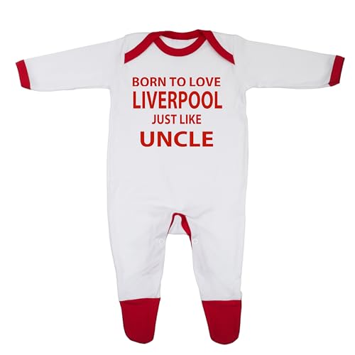 Baby-Schlafanzug, Aufschrift "Born To Love Liverpool Just Like Uncle", entworfen und gedruckt in Großbritannien aus 100 % feiner, gekämmter Baumwolle Gr. 12 - 18 Monate, Weiß/Rot von Cheekytots