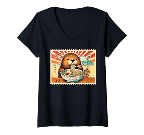 Damen Japanischer Mt. Fuji Sunset Briefmarke Baby Biber Ramen T-Shirt mit V-Ausschnitt Damen Japanischer Mt. Fuji Sunset Briefmarke Baby Biber Ramen T-Shirt mit V-Ausschnitt von Cheerful Animal Enthusiast Artistic Apparel