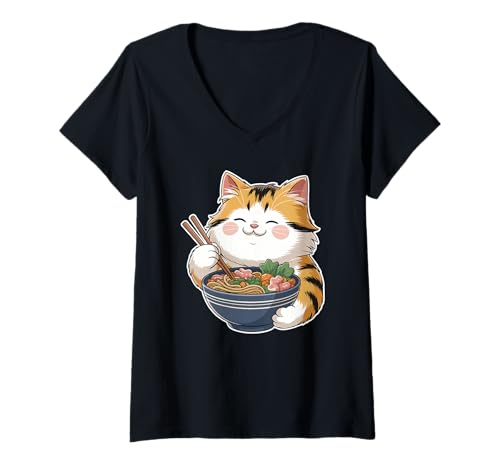 Damen Süße Katze Isst Ramen Kawaii Anime Japanisch Cat Lovers T-Shirt mit V-Ausschnitt Damen Süße Katze Isst Ramen Kawaii Anime Japanisch Cat Lovers T-Shirt mit V-Ausschnitt von Cheerful Cat With Ramen Bowl Anime Niche Style
