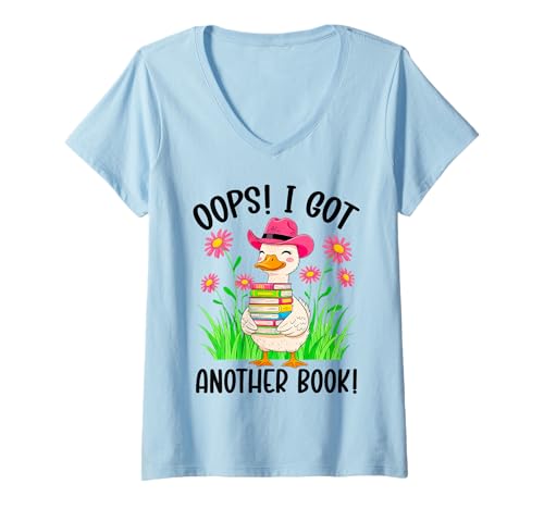 Damen Cute Duck with Books and Pink Hat T-Shirt mit V-Ausschnitt Damen Cute Duck with Books and Pink Hat T-Shirt mit V-Ausschnitt von Cheerful Duck With Books In Garden