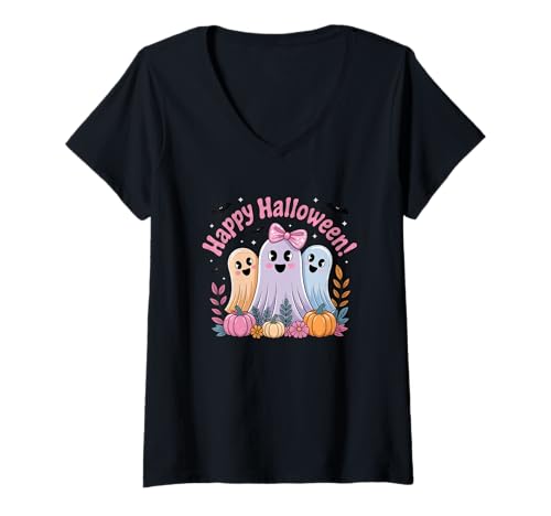 Damen Happy Halloween Niedliche Geisterfamilie Pastellschleifen T-Shirt mit V-Ausschnitt Damen Happy Halloween Niedliche Geisterfamilie Pastellschleifen T-Shirt mit V-Ausschnitt von Cheerful Halloween Pumpkin Ghosts With Bows