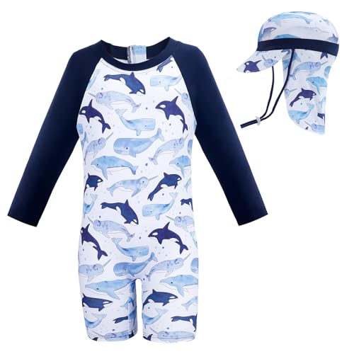 Cheerful Mario 1-7Jahre Einteiliger Badeanzug Baby uv Schutzkleidung Kinder Badebekleidung Langarm Schwimmanzug uv Anzug Jungen Mädchen mit Sonnenhut Blau 5-6 Jahre von Cheerful Mario