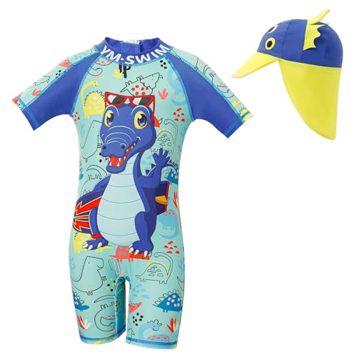 Cheerful Mario 1-7Jahre Einteiliger Badeanzug Baby uv Schutzkleidung Kinder Badebekleidung Langarm Schwimmanzug uv Anzug Jungen Mädchen mit Sonnenhut Dino-C 3-4 Jahre von Cheerful Mario