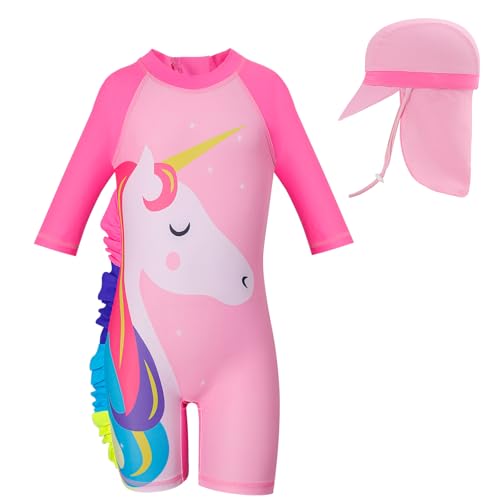Cheerful Mario 1-7Jahre Einteiliger Badeanzug Baby uv Schutzkleidung Kinder Badebekleidung Langarm Schwimmanzug uv Anzug Jungen Mädchen mit Sonnenhut Einhorn 12-24 Monate von Cheerful Mario