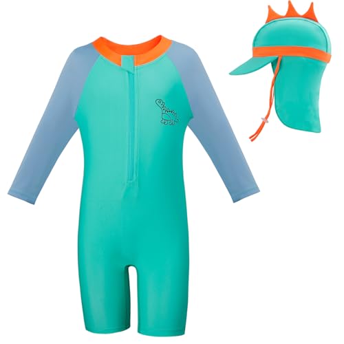 Cheerful Mario 1-7Jahre Einteiliger Badeanzug Baby uv Schutzkleidung Kinder Badebekleidung Langarm Schwimmanzug uv Anzug Jungen Mädchen mit Sonnenhut Grün 2-3 Jahre von Cheerful Mario