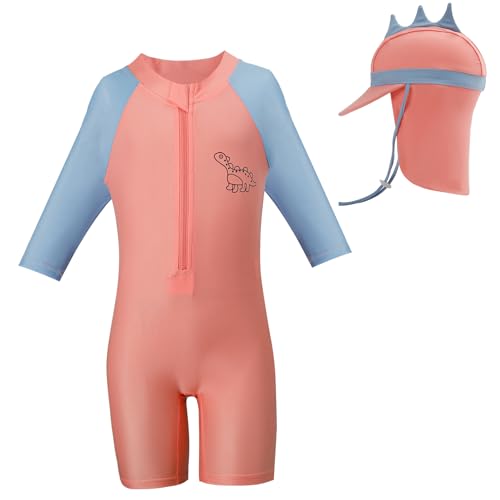 Cheerful Mario 1-7Jahre Einteiliger Badeanzug Baby uv Schutzkleidung Kinder Badebekleidung Langarm Schwimmanzug uv Anzug Jungen Mädchen mit Sonnenhut Rosa 2-3 Jahre von Cheerful Mario