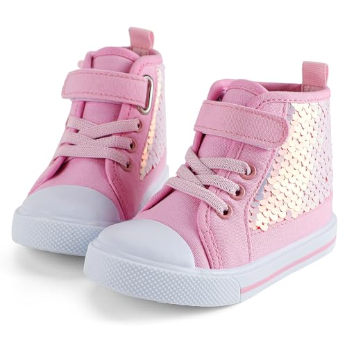 Cheerful Mario 2-6 Jahre Fashion Klein Kinder Schuhe Für Mädchen High-Top Sneakers Canvas Boots mit Glitzernde Pailletten Rosa 22 EU von Cheerful Mario
