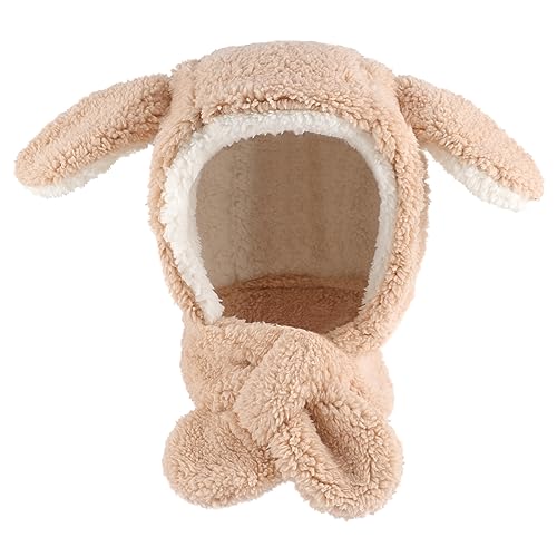 Cheerful Mario 3-8 Jahre Super Warm Mützenschal Mädchen Kinder 2 in 1 Wintermütze Mädchen Mit Hasenohren Mütze Schal Set Beige von Cheerful Mario