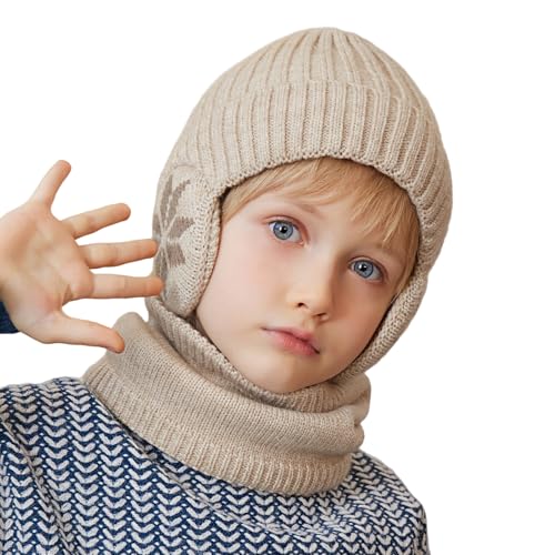 Cheerful Mario 3-8 Jahre Winter Mütze Schal Set Kinder Jungen Wintermütze mit Ohrenschützer und Loop Schal Warme Fleecefutter Beige von Cheerful Mario