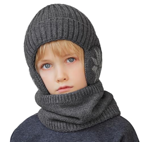 Cheerful Mario 3-8 Jahre Winter Mütze Schal Set Kinder Jungen Wintermütze mit Ohrenschützer und Loop Schal Warme Fleecefutter Dunkegrau von Cheerful Mario