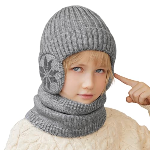 Cheerful Mario 3-8 Jahre Winter Mütze Schal Set Kinder Jungen Wintermütze mit Ohrenschützer und Loop Schal Warme Fleecefutter Grau von Cheerful Mario