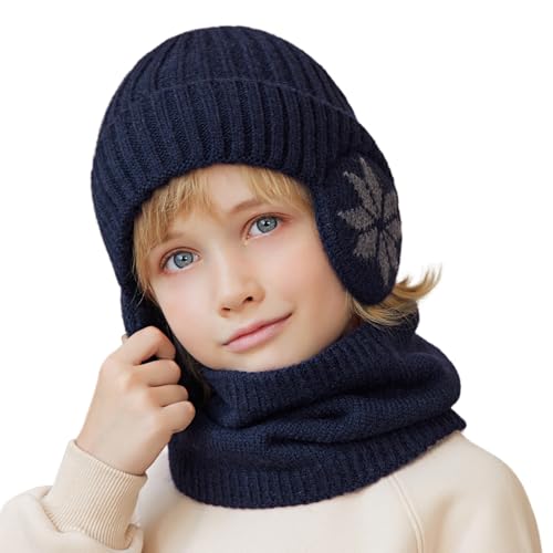 Cheerful Mario 3-8 Jahre Winter Mütze Schal Set Kinder Jungen Wintermütze mit Ohrenschützer und Loop Schal Warme Fleecefutter Marine von Cheerful Mario