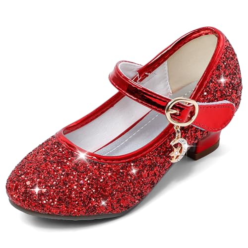 Cheerful Mario 5-10 Jahre Prinzessinnen Schuhe Mädchen Pailletten Ballerinas mit Absatz Glitzer Mary Jane Halbschuhe Kinder Party Rot 33 EU von Cheerful Mario
