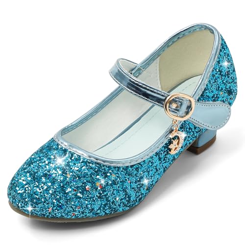 Cheerful Mario 5-10 Jahre Prinzessinnen Schuhe Mädchen Pailletten Ballerinas mit Absatz Glitzer Mary Jane Halbschuhe Kinder Party Blau 33 EU von Cheerful Mario