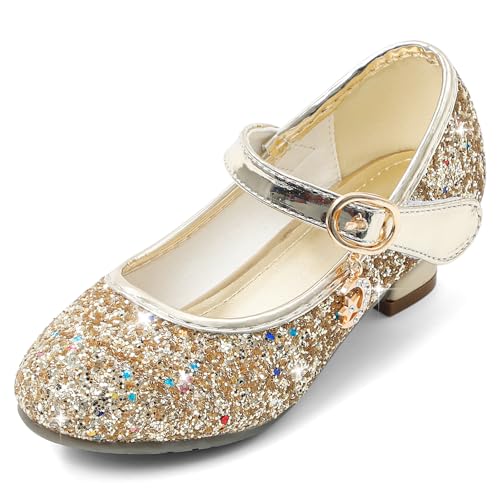 Cheerful Mario 5-10 Jahre Prinzessinnen Schuhe Mädchen Pailletten Ballerinas mit Absatz Glitzer Mary Jane Halbschuhe Kinder Party Gold 29 EU von Cheerful Mario