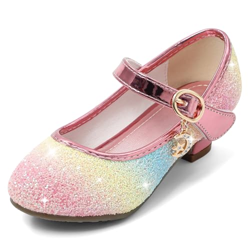 Cheerful Mario 5-10 Jahre Prinzessinnen Schuhe Mädchen Pailletten Ballerinas mit Absatz Glitzer Mary Jane Halbschuhe Kinder Party Neon 35 EU von Cheerful Mario