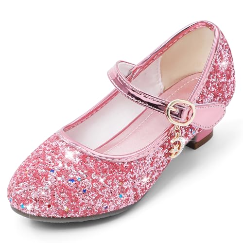 Cheerful Mario 5-10 Jahre Prinzessinnen Schuhe Mädchen Pailletten Ballerinas mit Absatz Glitzer Mary Jane Halbschuhe Kinder Party Rosa 27 EU von Cheerful Mario