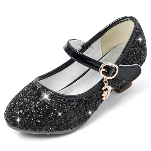 Cheerful Mario 5-10 Jahre Prinzessinnen Schuhe Mädchen Pailletten Ballerinas mit Absatz Glitzer Mary Jane Halbschuhe Kinder Party Schwarz 27 EU von Cheerful Mario