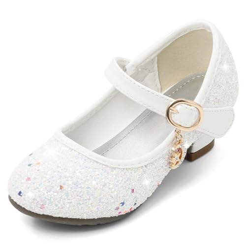 Cheerful Mario 5-10 Jahre Prinzessinnen Schuhe Mädchen Pailletten Ballerinas mit Absatz Glitzer Mary Jane Halbschuhe Kinder Party Weiß 36 EU von Cheerful Mario