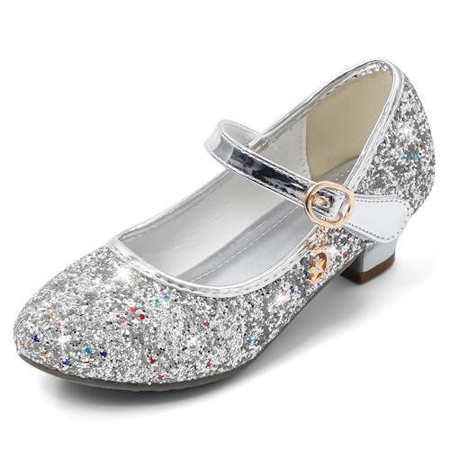 Cheerful Mario 5-10 Jahre Prinzessinnen Schuhe Mädchen Pailletten Ballerinas mit Absatz Glitzer Mary Jane Halbschuhe Kinder Party Silber 36 EU von Cheerful Mario
