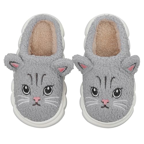 Cheerful Mario Hausschuhe Mädchen Pantoffeln Katze Kinder Winter Plüsch Rutschfest Innenbereich Slippers Grau 28 EU von Cheerful Mario