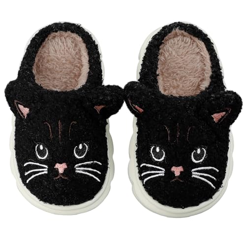 Cheerful Mario Hausschuhe Mädchen Pantoffeln Katze Kinder Winter Plüsch Rutschfest Innenbereich Slippers Schwarz 29/30 EU von Cheerful Mario