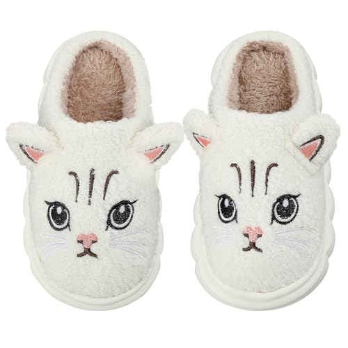 Cheerful Mario Hausschuhe Mädchen Pantoffeln Katze Kinder Winter Plüsch Rutschfest Innenbereich Slippers Weiß 29/30 EU von Cheerful Mario
