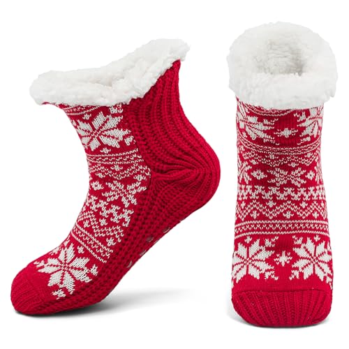 Cheerful Mario Haussocken Damen Flauschig Hüttensocken winter warme Kuschelsocken Stoppersocken mit Antirutsch Silikon Rot-C von Cheerful Mario
