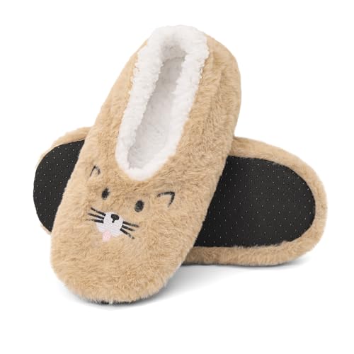 Cheerful Mario Katze Hausschuh socken für Damen Weiche Wärmesocken Sherpa Lining Stoppersocken Rutschfeste Hüttensocken Haussocken Braun-C L von Cheerful Mario