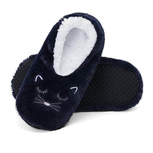 Cheerful Mario Katze Hausschuh socken für Damen Weiche Wärmesocken Sherpa Lining Stoppersocken Rutschfeste Hüttensocken Haussocken Marine-C M von Cheerful Mario