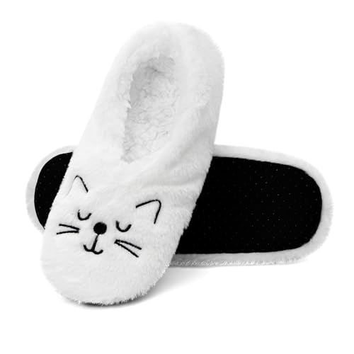 Cheerful Mario Katze Hausschuh socken für Damen Weiche Wärmesocken Sherpa Lining Stoppersocken Rutschfeste Hüttensocken Haussocken Weiß-C L von Cheerful Mario