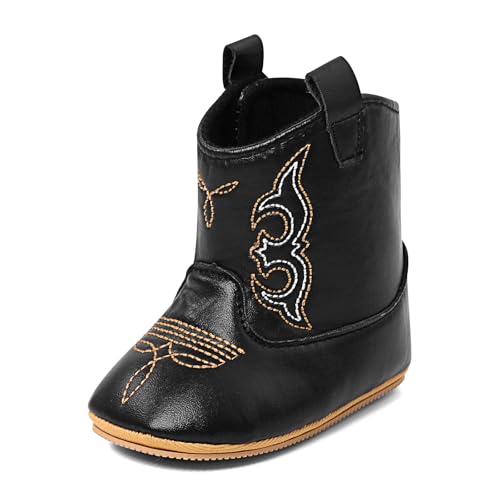Cheerful Mario Stiefel Baby Jungen Mädchen Cowboy Stiefel Westernboots PU Leder Klettverschluss Schwarz-B 12-18 Monate von Cheerful Mario