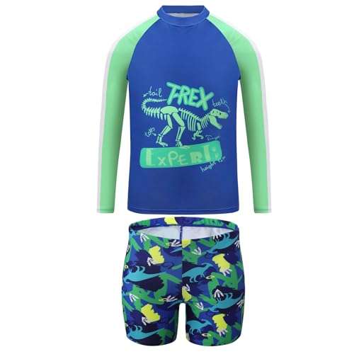 Cheerful Mario UV Badebekleidung Junge Langarm Rashguard-Shirts Sonnenschutz Kinder Schwimmanzug Zweiteilig Schwimmshirt Badeshorts Set Dino 7-8 Jahre von Cheerful Mario