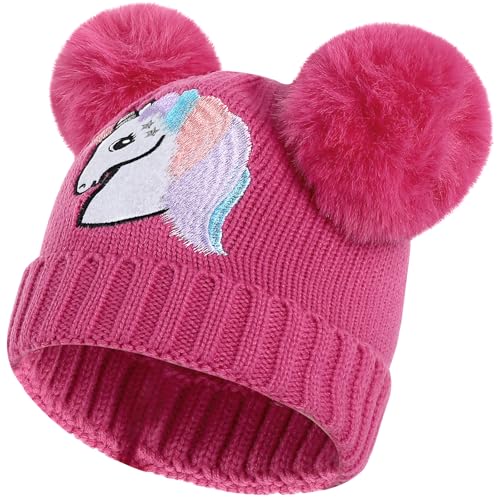 Cheerful Mario Winter Beaie für Mädchen Kleinkind 3-9 Jahre Warme Strickmütze mit Fleece Gefütterte Flauschig Bommeln Fuchsia von Cheerful Mario