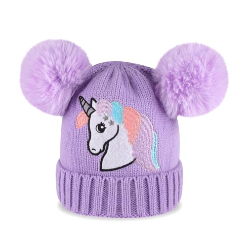 Cheerful Mario Winter Beaie für Mädchen Kleinkind 3-9 Jahre Warme Strickmütze mit Fleece Gefütterte Flauschig Bommeln Lila C von Cheerful Mario