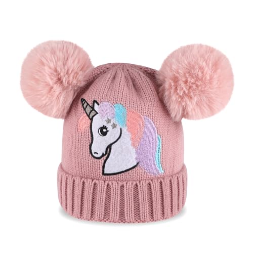 Cheerful Mario Winter Beaie für Mädchen Kleinkind 3-9 Jahre Warme Strickmütze mit Fleece Gefütterte Flauschig Bommeln Rosa-C von Cheerful Mario