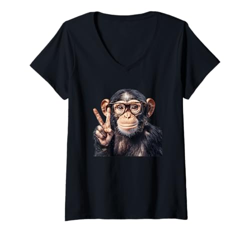 Damen Lustiger Affe mit Brille Friedenszeichen T-Shirt mit V-Ausschnitt Damen Lustiger Affe mit Brille Friedenszeichen T-Shirt mit V-Ausschnitt von Cheerful Monkey Humor Fun Peace Expression
