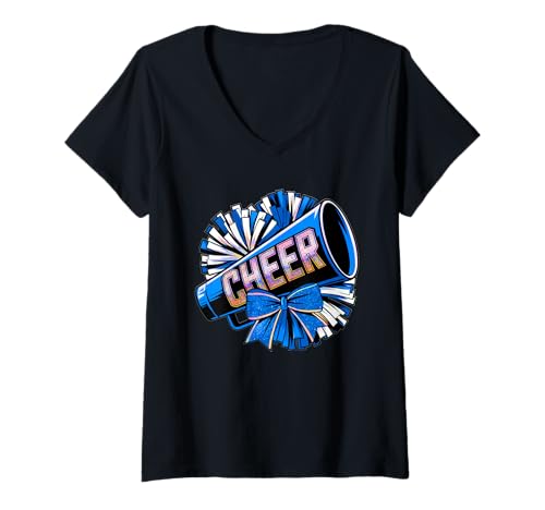 Damen Cheer Squad Blaue Megafon und Pom Poms Cheerleader T-Shirt mit V-Ausschnitt von Cheerleader Spirit für jede Cheer Schwester