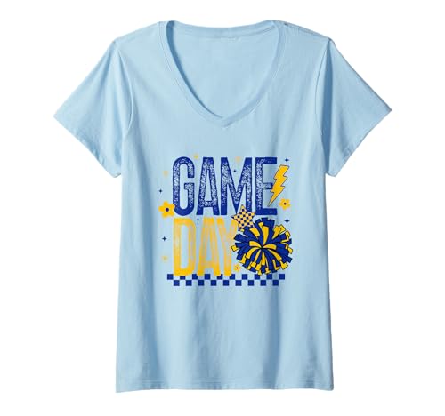 Damen Game Day Cheer Mom Geschenk für Cheerleading-Trainer, Blau & Gold T-Shirt mit V-Ausschnitt Damen Game Day Cheer Mom Geschenk für Cheerleading-Trainer, Blau & Gold T-Shirt mit V-Ausschnitt von Cheerleader T-Shirt Co.