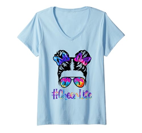 Damen Cheer Life Messy Bun Sonnenbrille Batikfärbung Cheerleader Frau T-Shirt mit V-Ausschnitt von Cheerleader Woman Cheer Life Cheer Mom