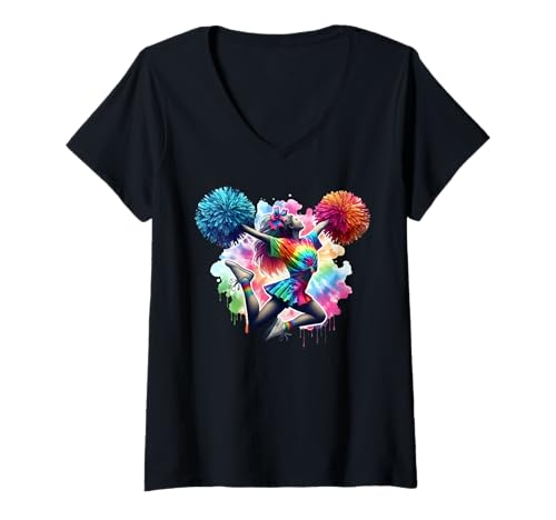 Damen Cheerleader Pom Poms Tie DyeCheerleading Cheer Girls Outfit T-Shirt mit V-Ausschnitt von Cheerleading Costume Colorful Gifts